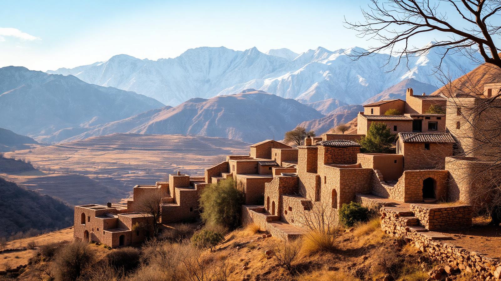 The Berber village of Imlil below the snow-dusted High Atlas mountains