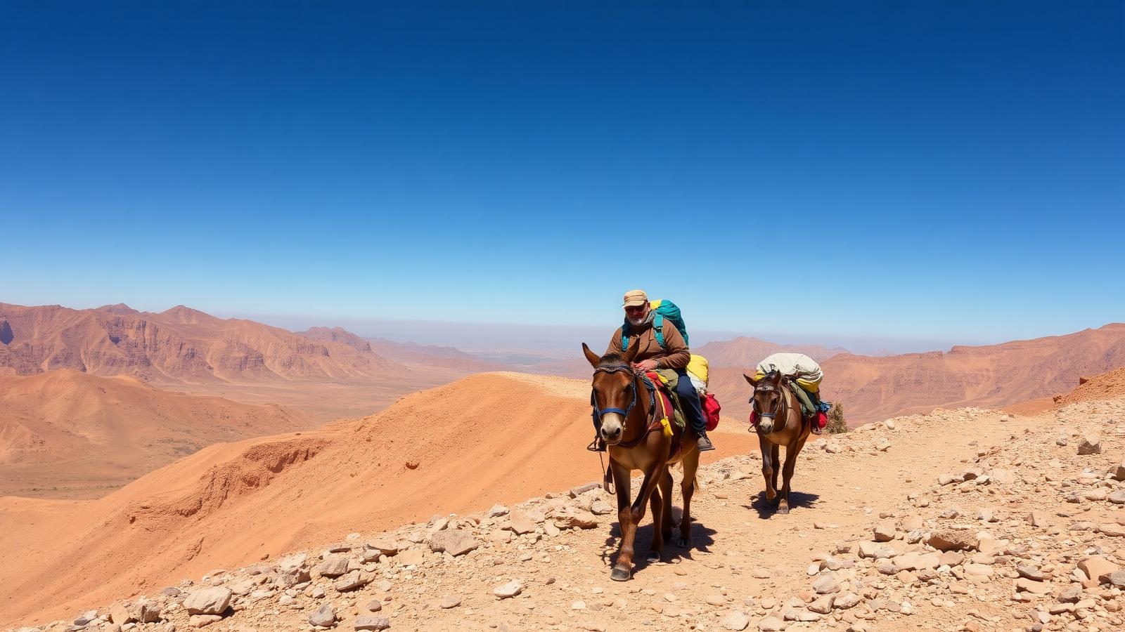 A muleteer and pack mules carrying trekking gear on a High Atlas trail