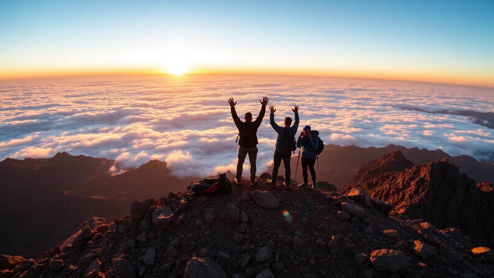 Trekkers on a Moroccan mountain summit above a sea of clouds at sunrise