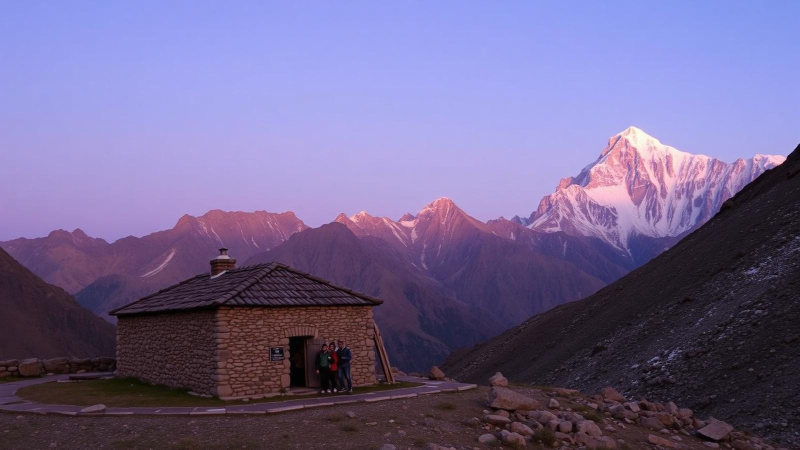 Stone mountain refuge below Mount Toubkal at dusk
