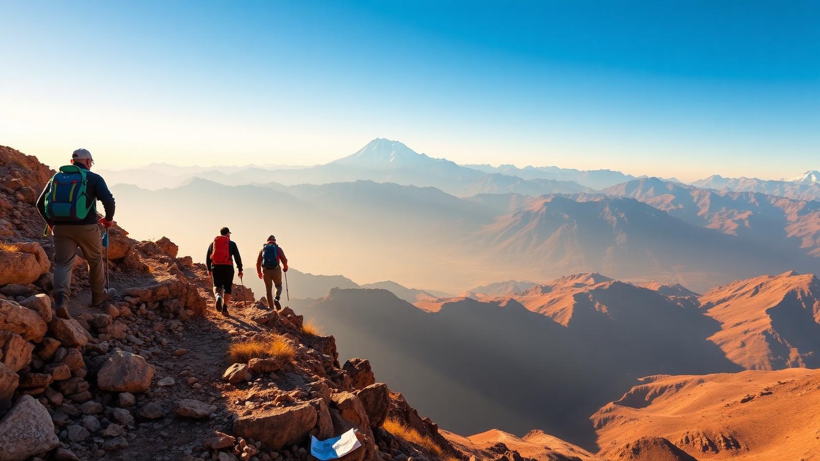 Trekkers climbing a rocky ridge in the High Atlas with Mount Toubkal in the distance