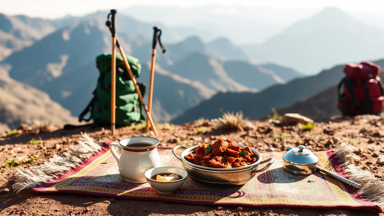 Moroccan mint tea and tagine served at a mountain trail rest stop