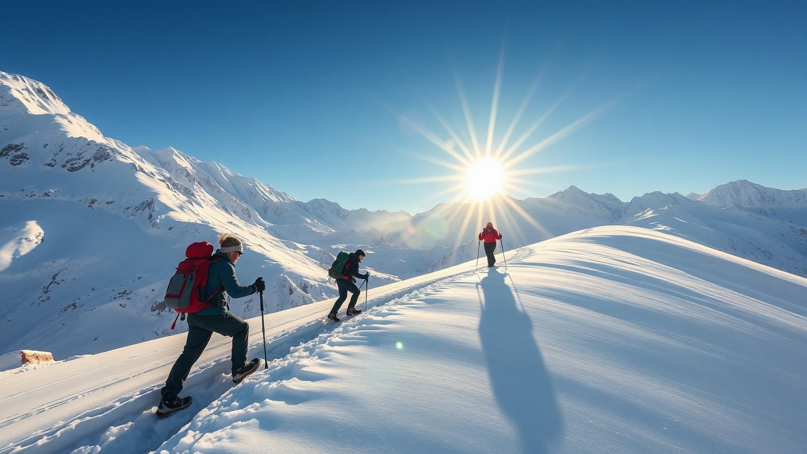 Winter trekkers crossing a snow slope in the Moroccan High Atlas